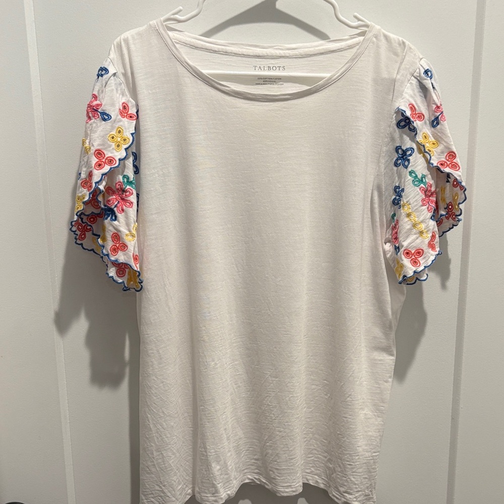 Talbots Ivory Tee with Multicolor Embroidered Sleeves